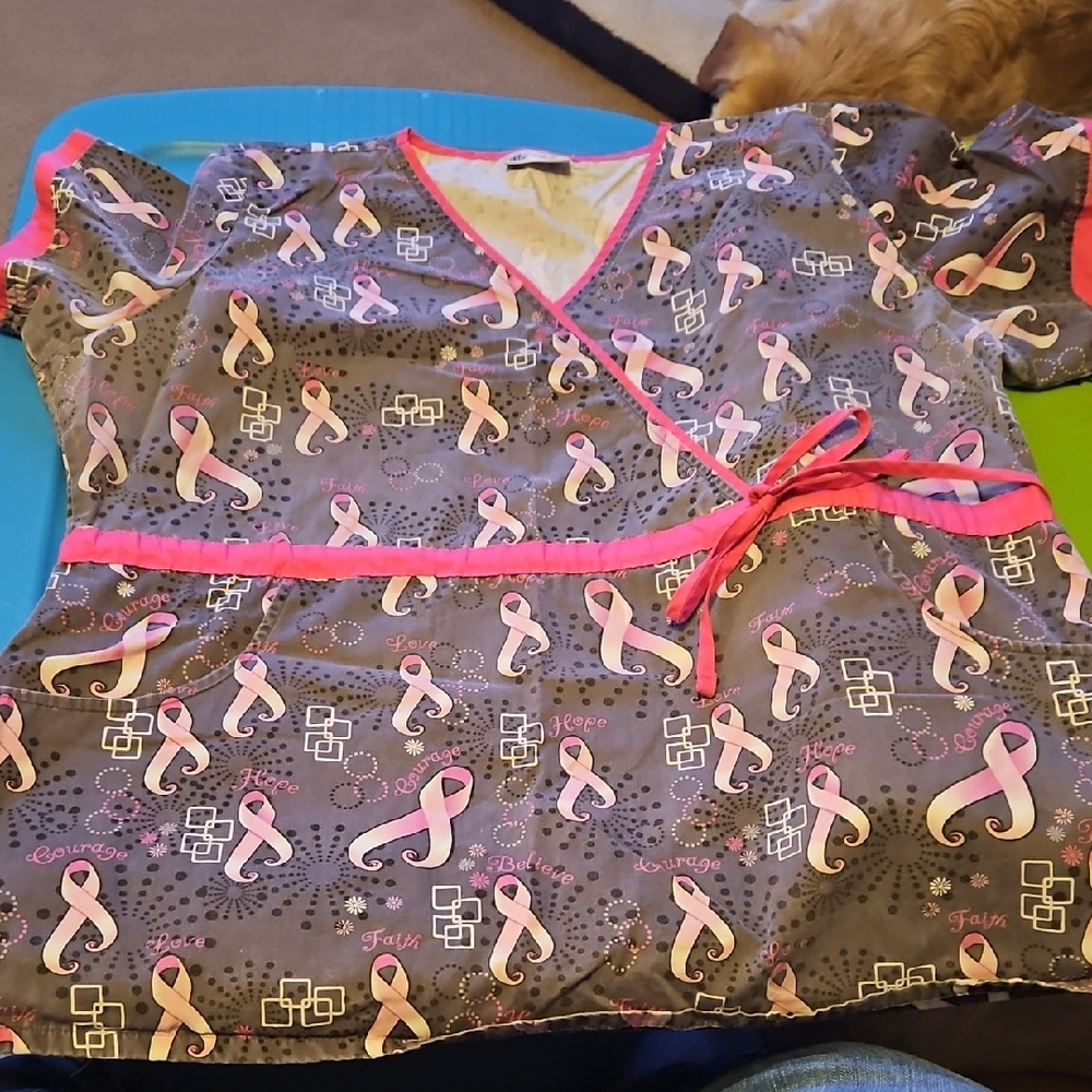 UA Scrubs Gray and Pink Ribbon Top